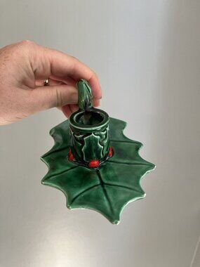 Vintage Ceramic Christmas Holly Leaf Candle Holder With Handle